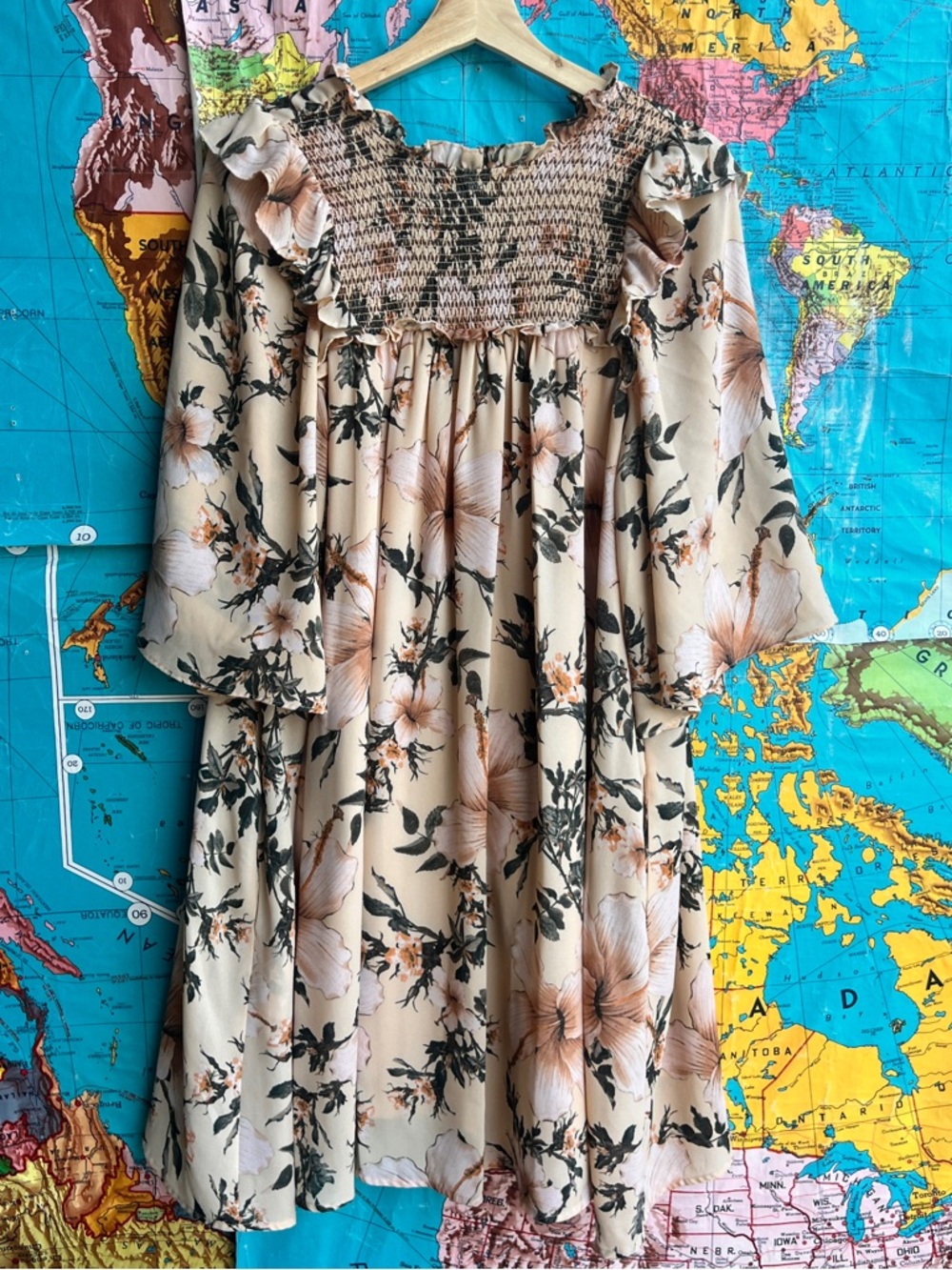 HAPPY X NATURE Smocked Floral Midi Dress in Cream and Blush Florals